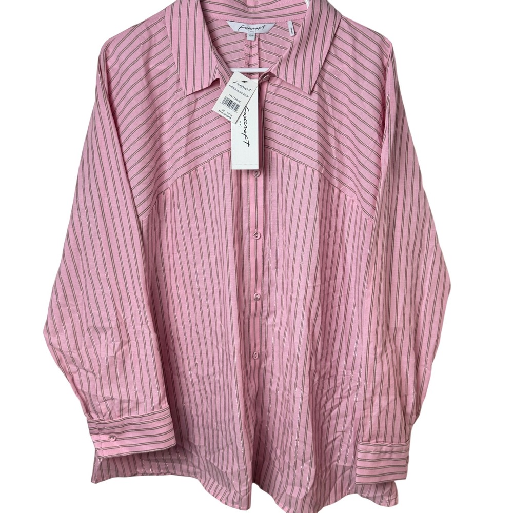Foxcroft Natalie Button‎ Down Women 20W Pink Metallic Striped NEW